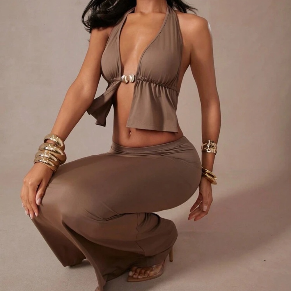 Brown Halter Top and Skirt Set